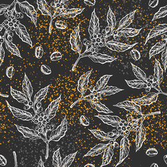 Wall Mural - Seamless pattern with coffee tree branches with leaves and beans. Coffee grains in graphic style hand drawn. Retro style.