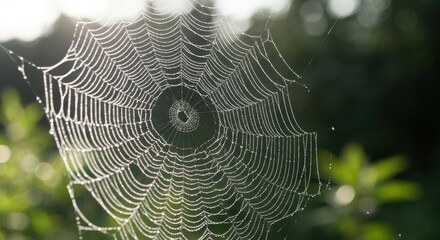 Delicate spider web glistening with morning dew drops against a blurred green background