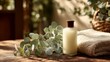 © pier - cinematic skincare product on wooden table with eucalyptus and warm light