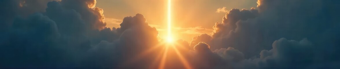 Wall Mural - A single, radiant beam of light pierces through dark clouds, symbolizing hope, enlightenment, and spiritual awakening Perfect for concepts of faith, transcendence, and inner peace , religion, light