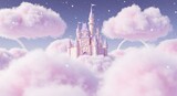 Enchanting pastel pink and purple castle perched atop fluffy cotton candy clouds under a sparkling starry sky with subtle rainbows arching in the