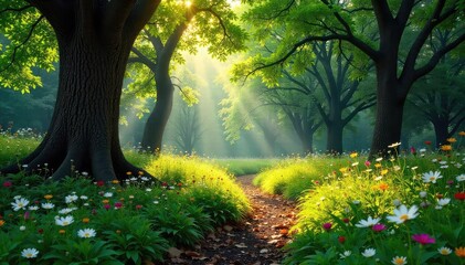 Wall Mural - Sun-dappled forest floor, lush green foliage, ancient trees casting shadows, vibrant wildflowers blooming, peaceful woodland scene, tranquil nature, serene environment , spring, dappled light