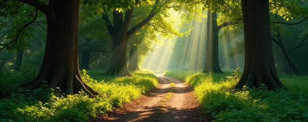 Wall Mural - Sun-dappled path winds through a lush woodland forest, ancient trees casting long shadows Sunlight filters through leaves, creating a magical atmosphere , woods, mossy, plants