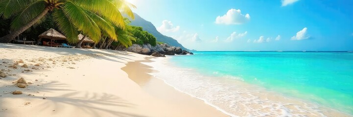Wall Mural - Sun-drenched beach scene with turquoise water lapping gently at the shore, perfect for summer holiday imagery Ideal for travel, vacation, and relaxation themes , calm, sea, peaceful