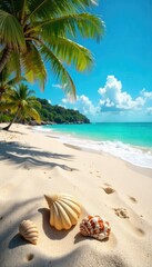 Wall Mural - Sun-drenched sand, turquoise waves lapping the shore, seashells scattered on the beach, a perfect postcard scene of tropical paradise Enjoy the ultimate relaxation and escape , relaxing, blue