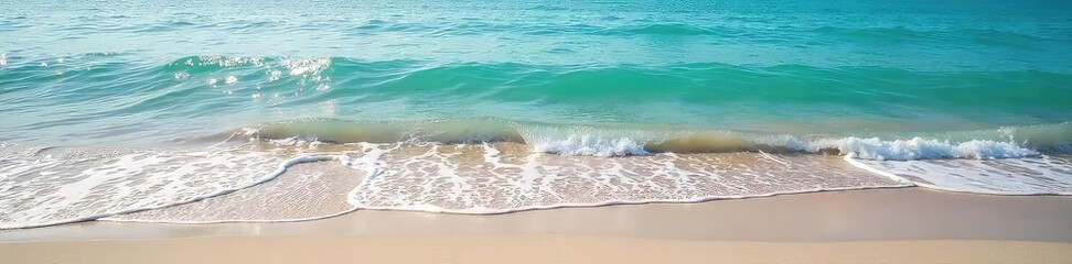 Wall Mural - Tranquil scene of water meeting the shore, gentle waves lapping against the sand, serene and peaceful atmosphere Perfect for relaxation, nature, and travel themes , environment, calm