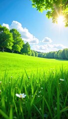 Wall Mural - Vibrant green meadow bathed in bright sunlight, idyllic summer scene perfect for nature-themed projects Lush grass, clear sky, sunny day, peaceful landscape , sunny, scenery, sunlight