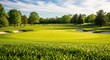 © mlangsen - Vibrant green golf course with flagstick, sand traps, and trees under sunny sky