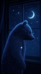 Wall Mural - A dreamy bear silhouette gazes at a crescent moon through a window. Shot from behind, the starry night evokes a whimsical video-like fantasy. Live mobile wallpaper.