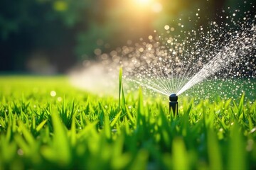 Wall Mural - a vibrant green meadow is refreshed by a network of rotating sprinklers, water droplets glistening i
