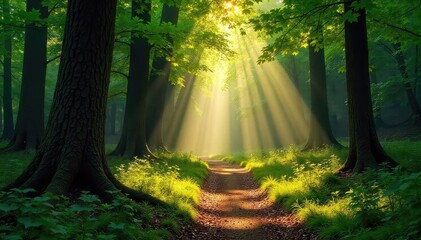 Wall Mural - Sun-dappled path winds through lush woodland, ancient trees casting long shadows on mossy forest floor Sunlight filters through leaves, creating a magical atmosphere , forest, background