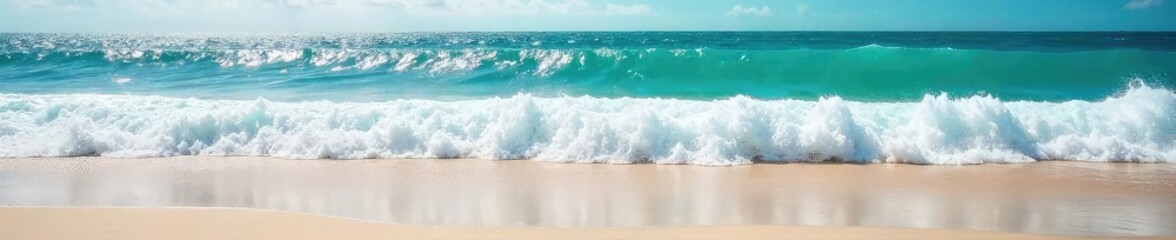 Wall Mural - sun-drenched beach scene with rolling ocean waves crashing on the shore, creating white foam and sea