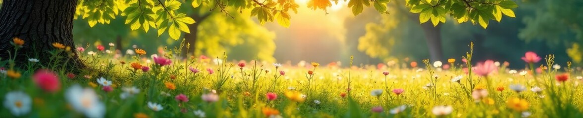 Wall Mural - sunlit wildflower meadow delicate branches arching over vibrant spring blooms, creating a picturesqu