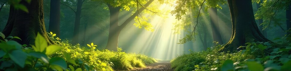 Wall Mural - Sunlight dappling through the leaves of a lush woodland forest, creating a magical atmosphere Perfect for nature, fantasy, and environmental themes , mushrooms, ecosystem