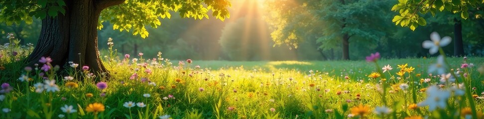 Wall Mural - sunlight streams through the trees onto a vibrant spring meadow, wildflowers blooming in profusion, 