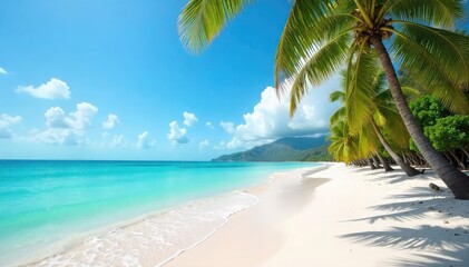 Wall Mural - tranquil turquoise ocean waves gently caress a pristine white sand beach, palm trees swaying in the 