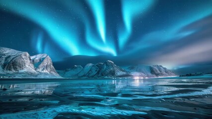 Wall Mural - Breathtaking view of Northern Lights illuminating the night sky over a frozen lake with snow-capped mountains in the background.