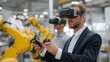 © forenna - Team of engineers wearing VR headsets controlling robotic arms on factory floor, symbolizing smart manufacturing, human-AI collaboration, and advanced industrial automation technology. cinematic