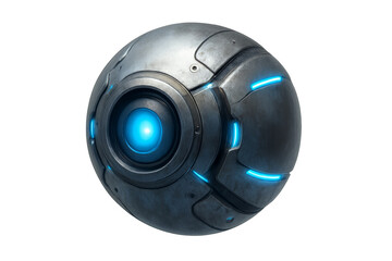 Futuristic flying drone robot sphere with glowing blue eye