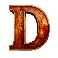 Wall Mural - Wooden letter D with rich brown texture and natural grain pattern, polished surface reflecting light, isolated on transparency background, bold and artistic design for creative projects