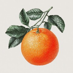 Orange fruit engraving sketch with branch and leaves botanical illustration detailed vintage style