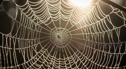 Detailed Dewy Spiderweb Closeup with Morning Sunlight Background Image