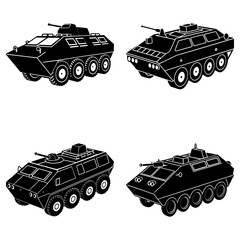Four black and white armored personnel carriers with turrets in a vector graphic design layout image
