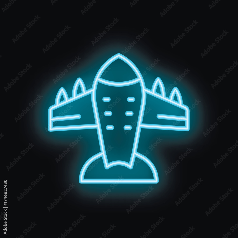 Blue neon sign depicting an airplane taking off, perfect for themes ...
