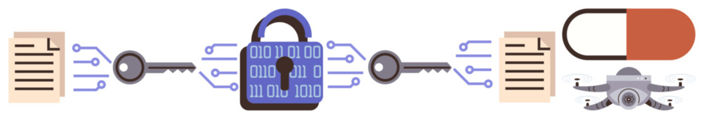 Blue digital padlock with keys linking documents, quadcopter, and capsule, representing cybersecurity, data privacy, healthcare tech. Ideal for data protection, encryption, healthcare technology
