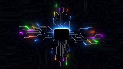Wall Mural - Neon circuit chip background seamless loop animation  
