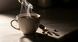 © Zebbo - A steaming cup of coffee sits on a marble counter with a spoon nearby