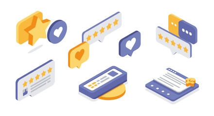 Isometric social media icons with stars, hearts, and comments for modern ui design