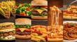 © A R - A vibrant and mouth-watering collage showcasing a diverse selection of popular comfort foods like classic burgers, savory tacos, cheesy pizzas, and delectable pasta dishes