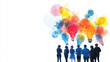 © nuttachet chinavong - Creative brainstorming session with diverse individuals standing together, colorful light bulbs representing ideas above them, vibrant