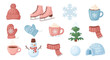 © BUDENGRMX - Vector Icons Set of Cute winter season elements collection with snowman skates and hot chocolate. Vector Illustrations. EPS Editable