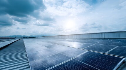 Expansive rooftop array of solar panels under a dynamic sky highlighting renewable energy technology on an industrial building