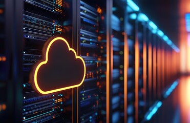 Wall Mural - Modern cloud computing server room with glowing orange and blue lighting representing digital infrastructure, ideal for IT business visuals, web hosting, or data technology presentations