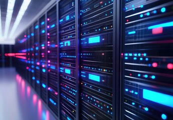 Wall Mural - Modern IT server room with illuminated blue and pink LED racks in a futuristic corridor, ideal for AI computing visuals, data technology concepts, and network infrastructure presentations