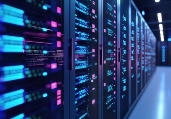 Wall Mural - Advanced IT data center interior with neon blue and pink illuminated server racks, perfect for AI infrastructure, high-performance computing, and futuristic digital technology visuals