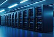 © TommyNa - High-tech IT data center interior with rows of illuminated blue and green server racks, ideal for technology infrastructure designs, digital network systems, and innovation presentations