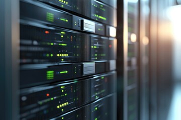 Wall Mural - Close-up of modern IT server racks with glowing green indicators in a futuristic data center, ideal for AI computing visuals, digital infrastructure, and cloud network technology designs