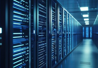 Wall Mural - Futuristic IT data center corridor with glowing blue server racks and digital reflections, perfect for technology infrastructure visuals, AI systems, and network architecture presentations