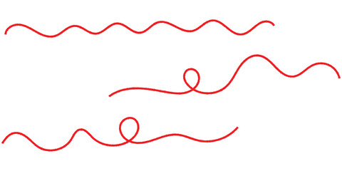  Isolated red curved thread on white background. Red thread icon sets on white background. Vector red thread set on white page.  Isolated curved threads on white page.