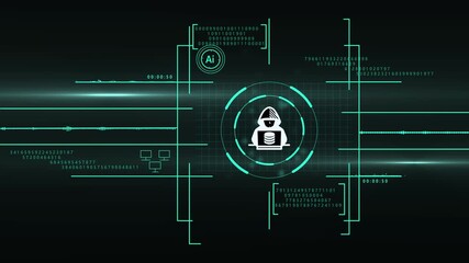 abostract glowing neon hacker icon with hud. programmer or hacker working with multiple computer screens late at night, featuring coding and cyber security lock icons, 4k video