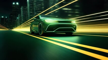 Wall Mural - A green car is driving down a road. The car is in the foreground and the road is in the background