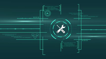 Engineering or mechanical technology concept gear wheel with Futuristic glowing HUD element. Cyber security concept with business and technology icons in circular diagram protection data. 4k animated