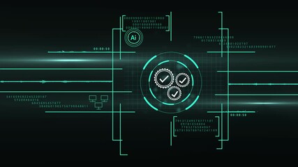 Engineering or mechanical technology concept gear wheel with Futuristic glowing HUD element. Cyber security concept with business and technology icons in circular diagram protection data. 4k animated