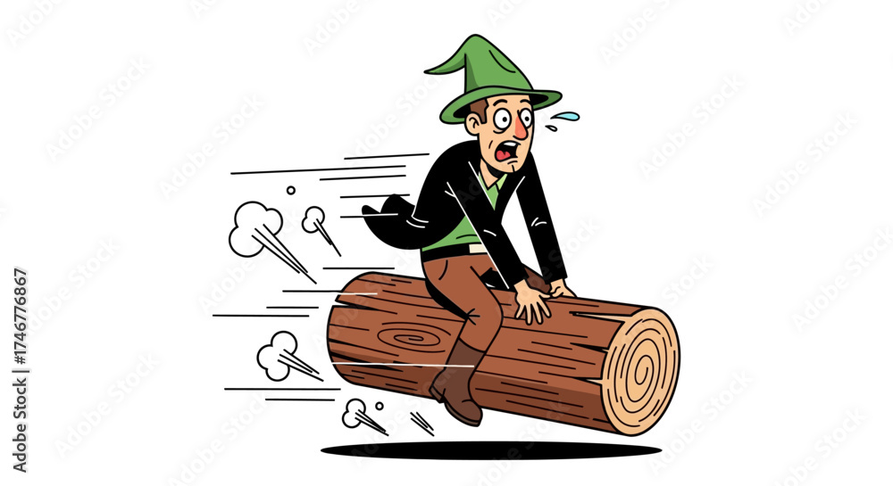 Man Log Riding Cartoon illustration of a terrified man riding a fast-moving wooden log ...