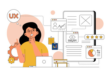 UX Design Woman Pointing Upward with Diagram and Flowchart on Transparent Background Concept Illustration for User Experience and Website Interface