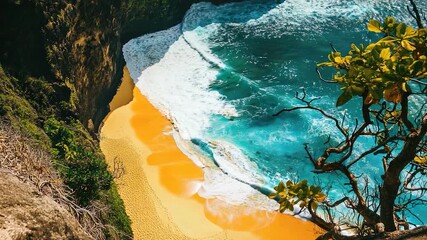 Wall Mural - A scenic view of the beach from a cliffside, great for travel and tourism uses